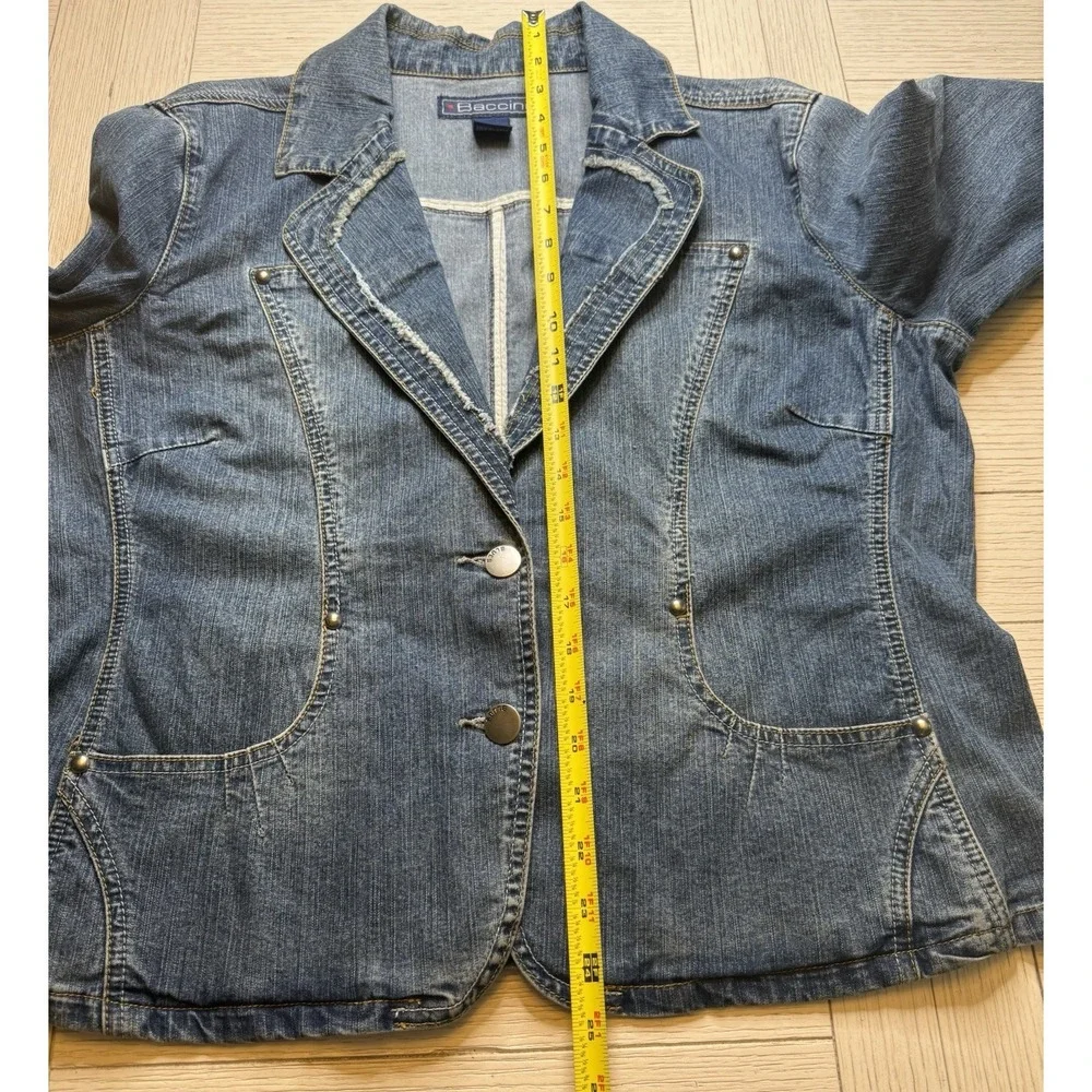 Baccini Women's Denim Jean Jacket 2 Button Blazer W/ Studs & Frayed Trim XL 90s